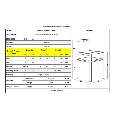 VERA Πολυθρόνα Μέταλλο Βαφή  Μαύρο 54x54x84cm/Ε5140 Εξωτερικού Χώρου